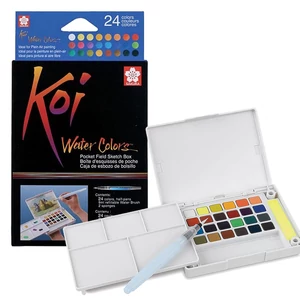 Sakura Koi Akvarellfesték Készlet, 24 darabos, utazó, víztartályos ecsettel