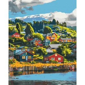 Számfestő, számozott kifestő Színes falu 40 × 50 cm feszített vászon Brushme
