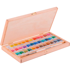 White Nights 36 szilkés akvarellfesték készlet fadobozban, mókusszőr ecsettel