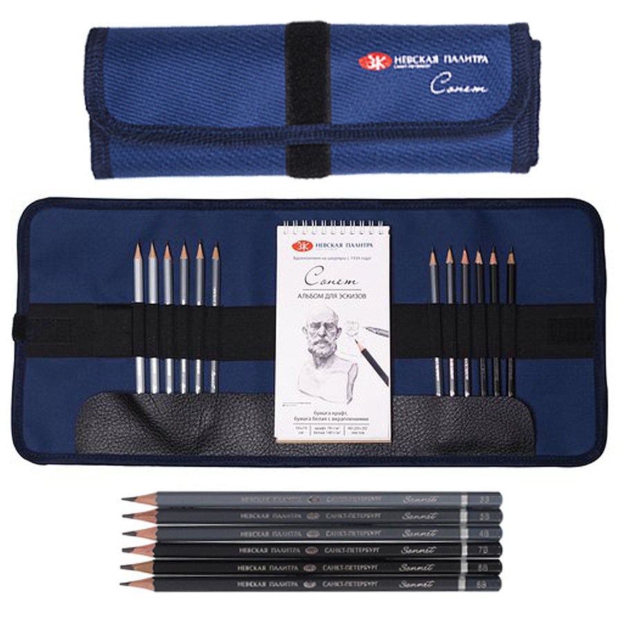 Kék színű, Sonnet márkájú feltekerhető ceruzatartóban 12 db grafitceruza, vázlatfüzet és egy radír